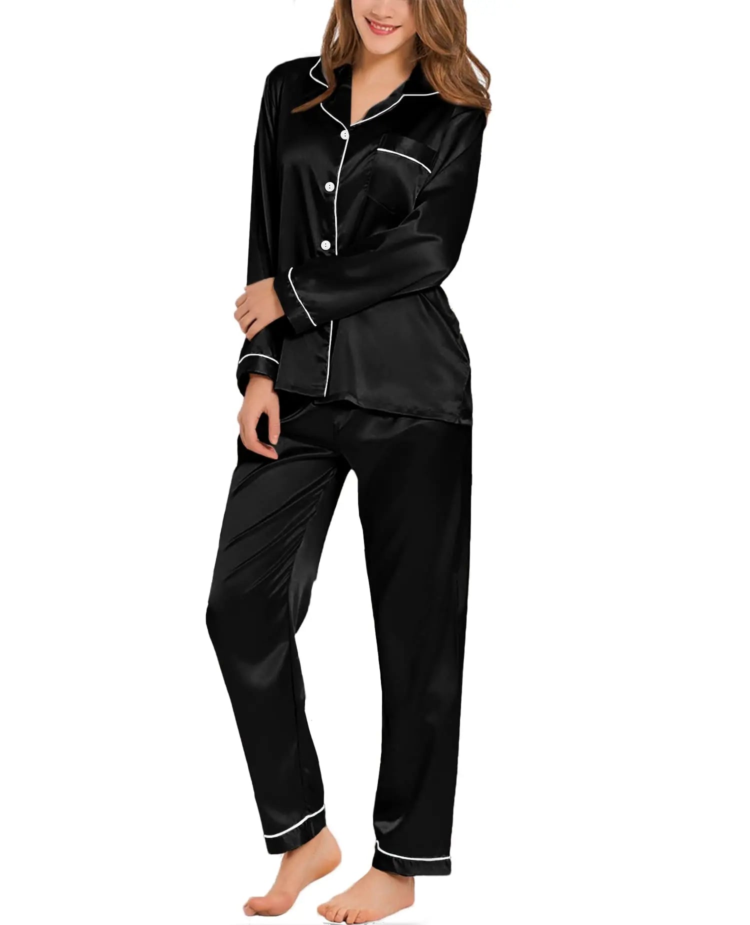 Satin Button-Down Long-Sleeve Pajama Set