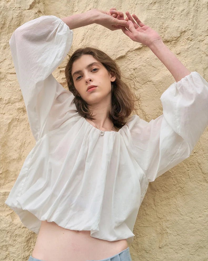 Simple Round-Neck Blouse With Puff Sleeves