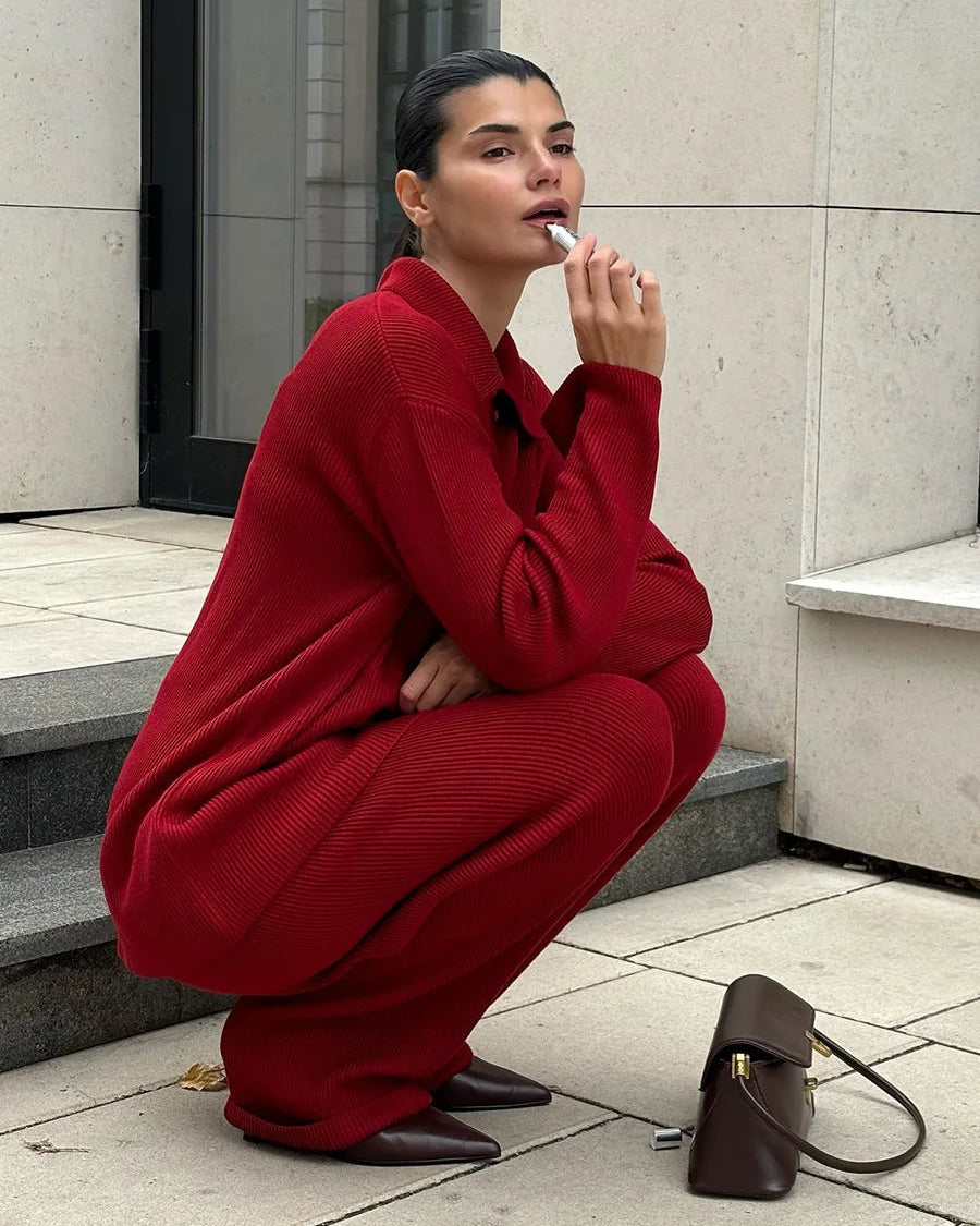 Loose Knit Cardigan & Elastic Waist Trousers Set