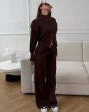 Zip-Up Cropped Knit Cardigan & Drawstring Wide-Leg Trousers Set