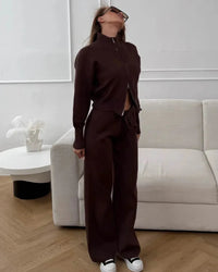 Zip-Up Cropped Knit Cardigan & Drawstring Wide-Leg Trousers Set