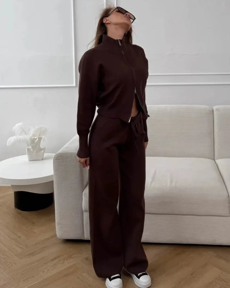 Zip-Up Cropped Knit Cardigan & Drawstring Wide-Leg Trousers Set