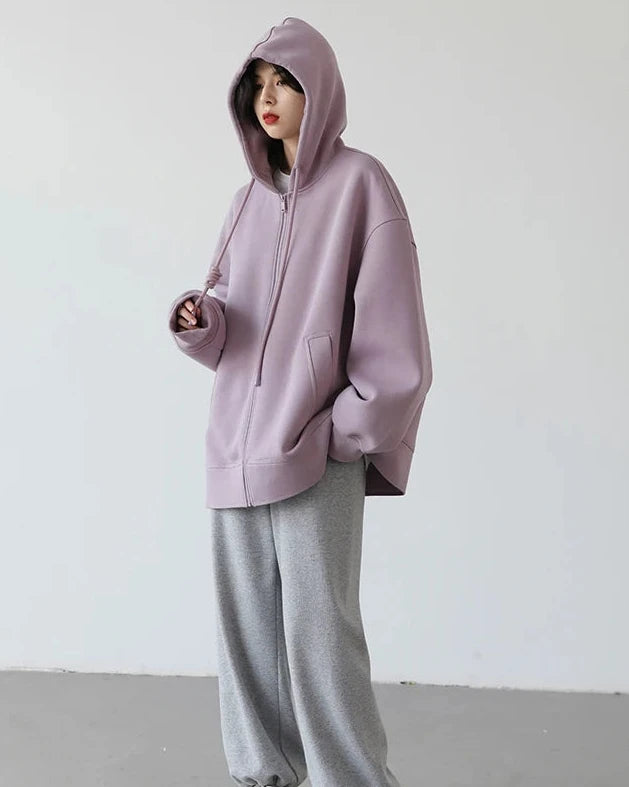 Long Zip-Up Cotton Blend Hoodie