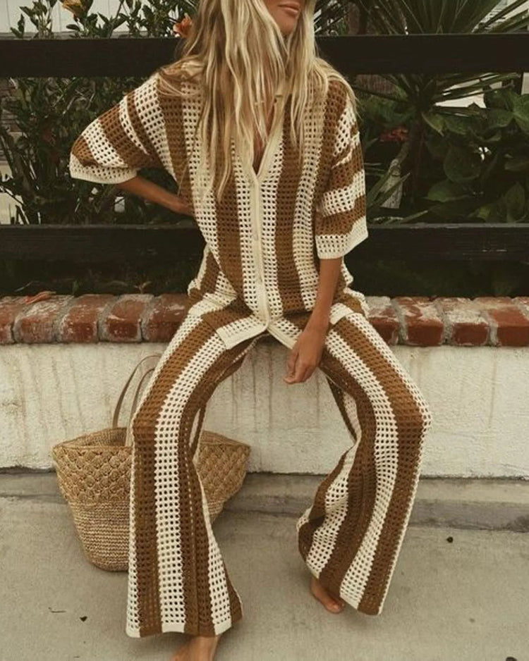 Crochet Knit Cardigan & Wide-Leg Trouser 2-Piece Set