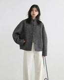 Wool-Blend Stand-Collar Short Coat