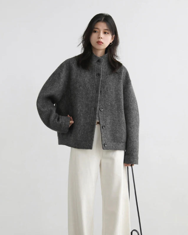 Wool-Blend Stand-Collar Short Coat
