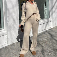 Zipper Long Sleeve Sweaters Straight Pants Knitted Suit