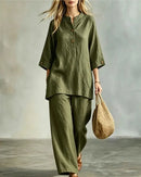 O-Neck 3/4 Sleeve Button Top & Ankle Trouser 2-Piece Set