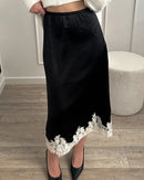 Satin And Lace-Paneled A-Line Midi Skirt