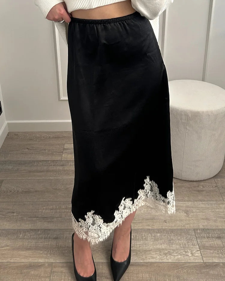 Satin And Lace-Paneled A-Line Midi Skirt