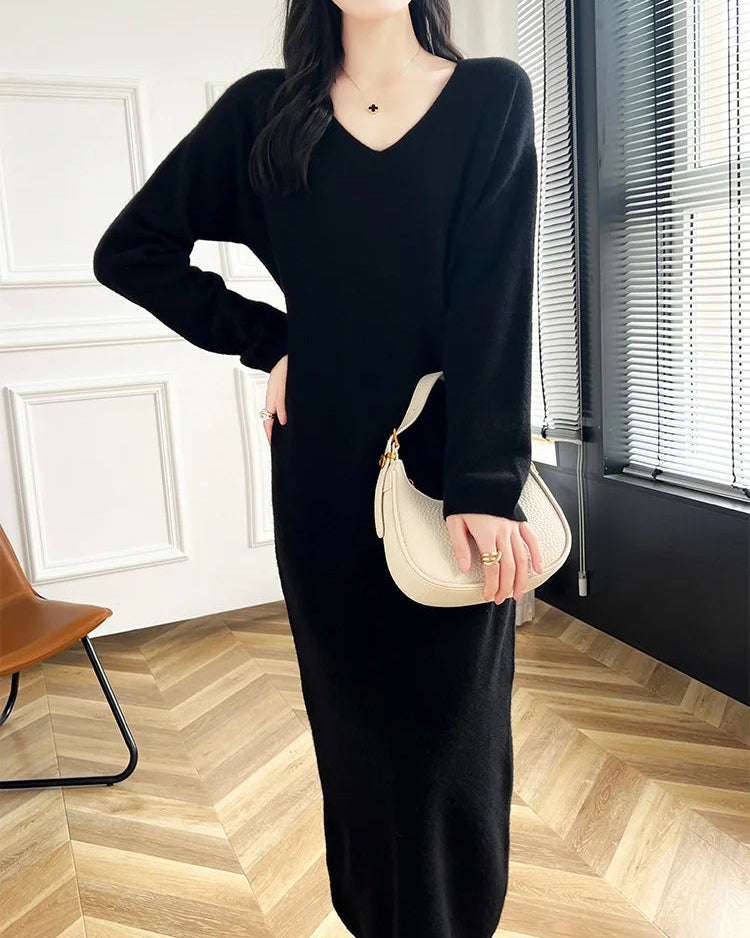 Wool V-Neck Long Sweater Dress