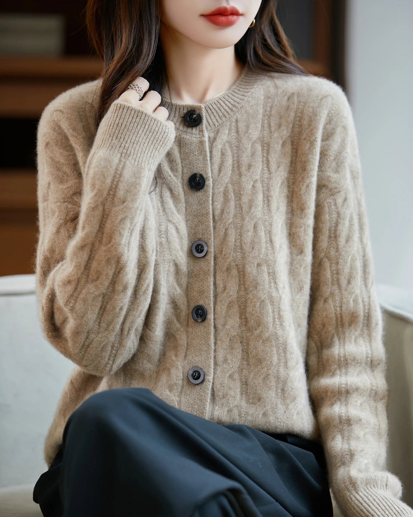 100% merino wool O-neck twisted single-breasted cardigan sweater. Extra-heavy, medium stretch — a thick, warm solid autumn winter knitwear top for women.