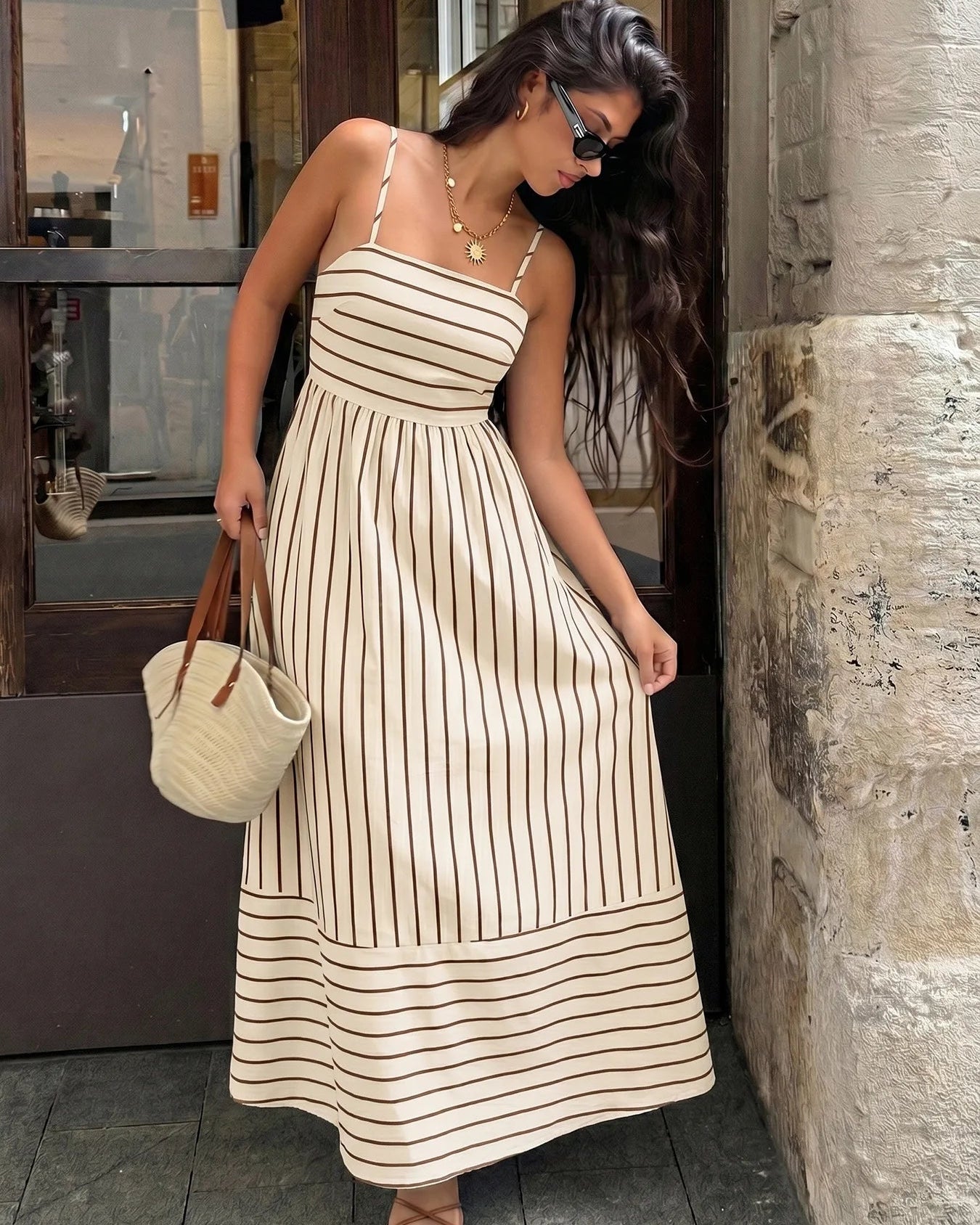 Striped Strapless Backless Loose A-Line Beach Maxi Dress