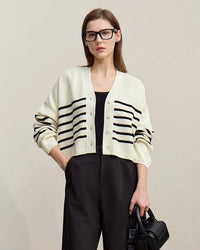 Dropped-Shoulder V-Neck Striped Cardigan Sweater