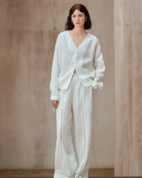 Loose V-Neck Button-Down Long-Sleeved Shirt