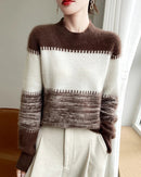 Merino Wool Round Neck Contrast Stripe Pullover Sweater