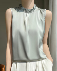 Loose And Casual Satin Vest T-Shirt With Ruffled Collar
