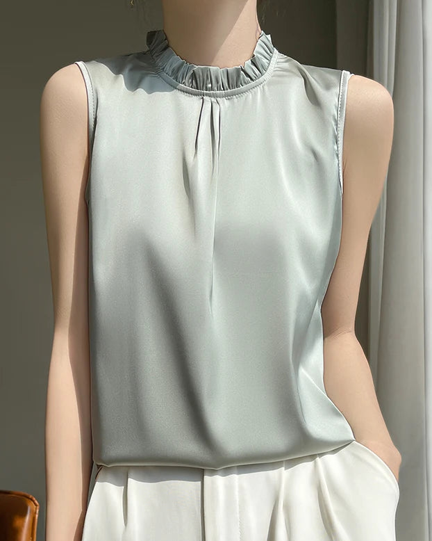 Loose And Casual Satin Vest T-Shirt With Ruffled Collar