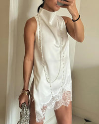 Satin High Neck Lace Trim Irregular Hem Vest Top