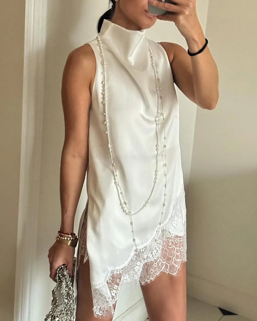 Satin High Neck Lace Trim Irregular Hem Vest Top