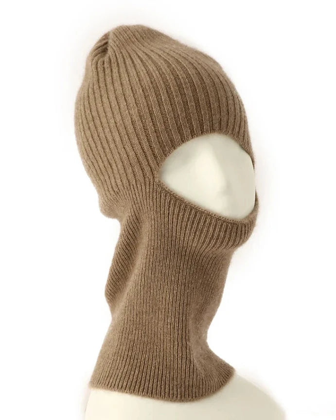 100% pure cashmere knitted balaclava beanie hat. 27x18.5cm, 90g, soft and warm — a cosy unisex winter hood neck warmer cap.