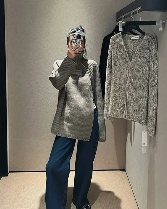 Oversized Irregular Zipper High Neck Cashmere Sweater