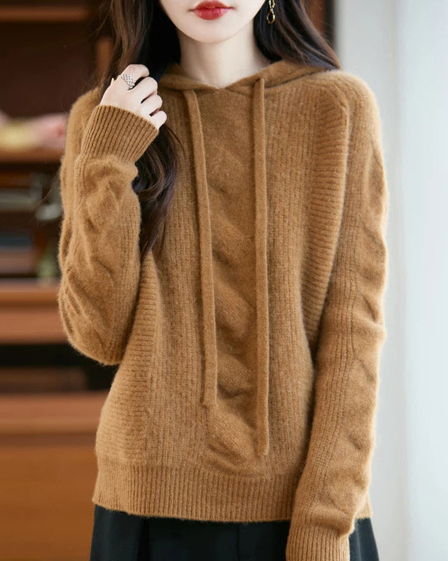Merino Wool Hooded Cable Pullover Sweater