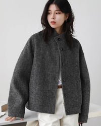 Wool-Blend Stand-Collar Short Coat