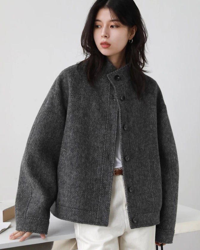 Wool-Blend Stand-Collar Short Coat