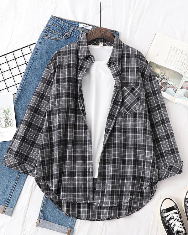 Plaid Lapel Single-Breasted Loose Shirt