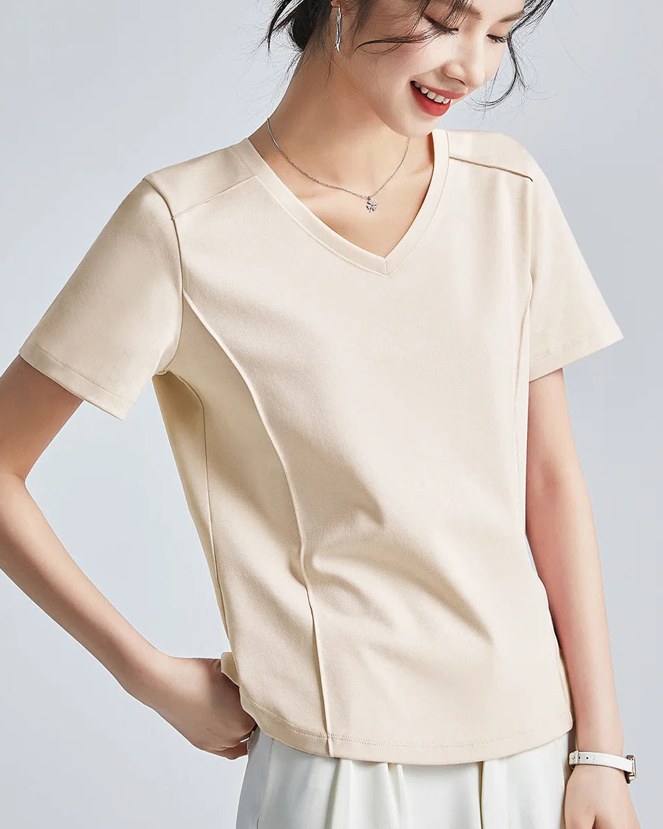 Knitted Mercerized Cotton V-Neck T-Shirt