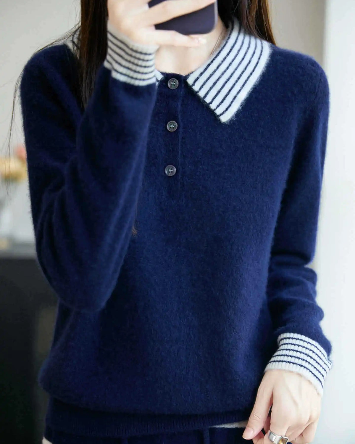 Striped-Collar Wool Polo Sweater