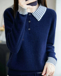 Striped-Collar Wool Polo Sweater