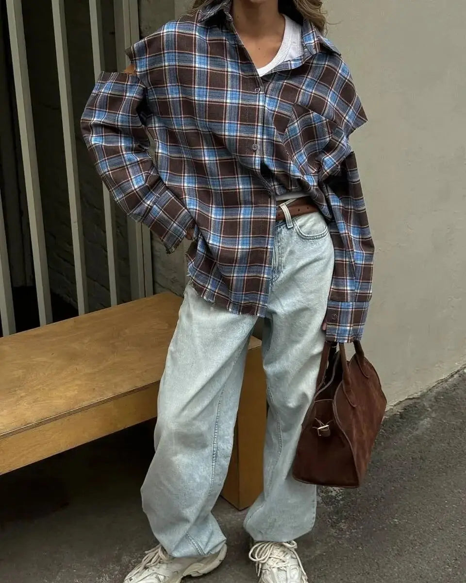 Plaid Lapel Single-Breasted Pocket Loose Shirt