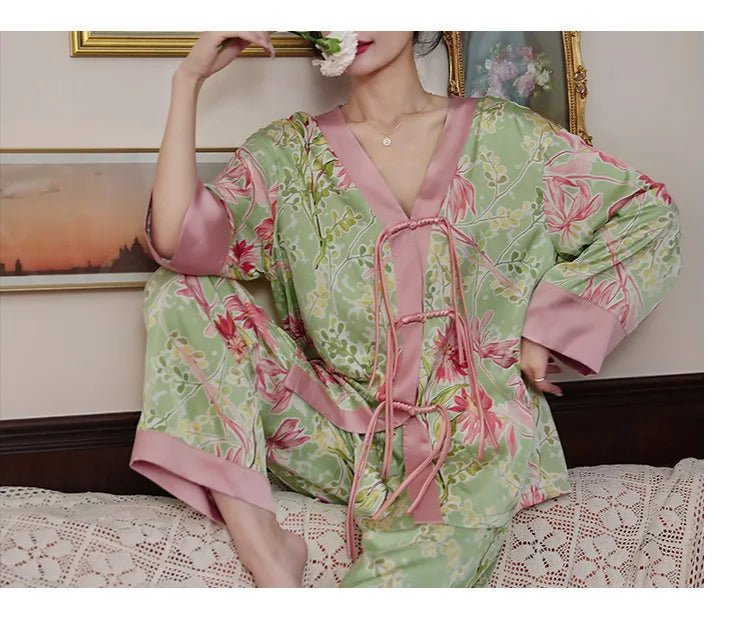 Chinese Style Button Satin Shirt & Trousers Pajama Set