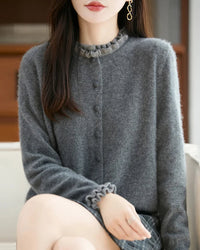 Merino Wool Solid Fringe Collar Button Knit Cardigan