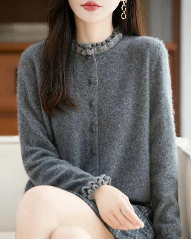 Merino Wool Solid Fringe Collar Button Knit Cardigan
