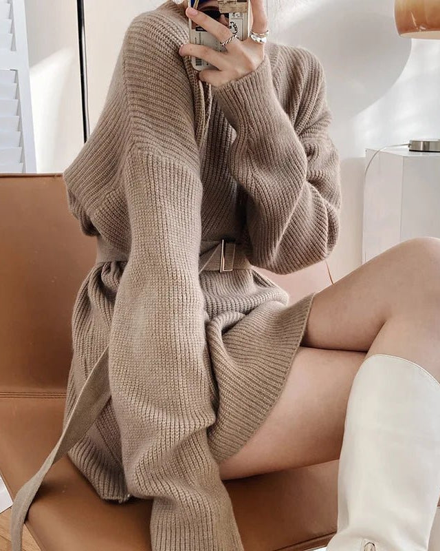 Vintage Round-neck Belted Knitted Dress