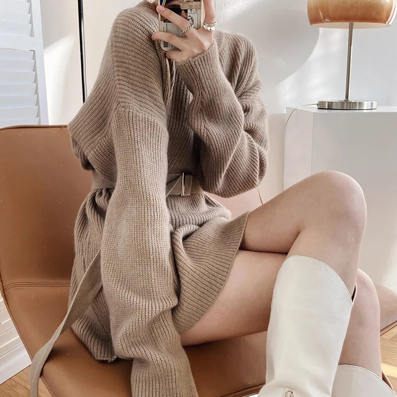 Vintage Round-neck Belted Knitted Dress