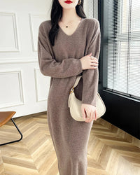 Wool V-Neck Long Sweater Dress