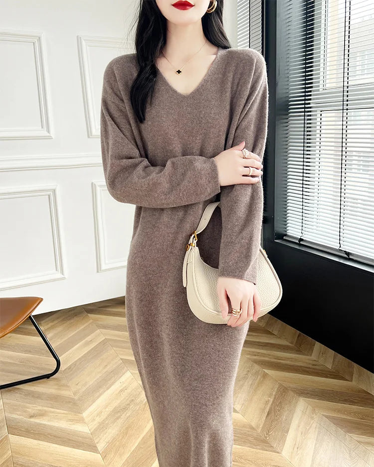 Wool V-Neck Long Sweater Dress