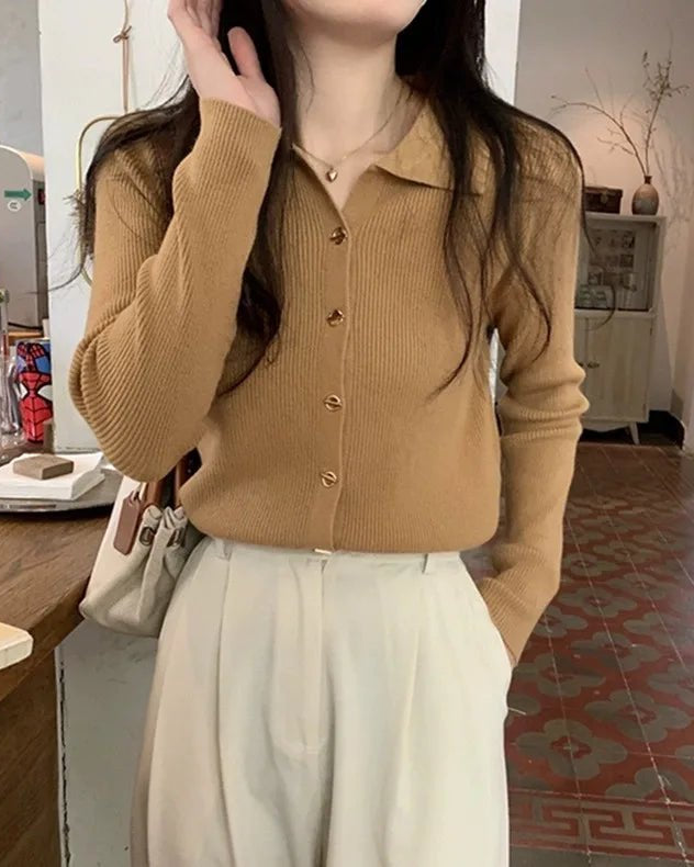 Polo Lapel Knit Cardigan