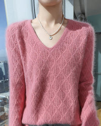 Openwork Mink Cashmere V-Neck Sweater