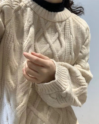 Diamond-Patterned Mid-Length Oversized Sweater