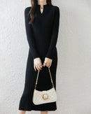 Wool Solid Half-Open Collar Slim Long Knit Dress