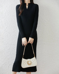 Wool Solid Half-Open Collar Slim Long Knit Dress