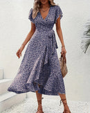 Floral Print V-Neck Lace-Up Flare Sleeve Midi Dress