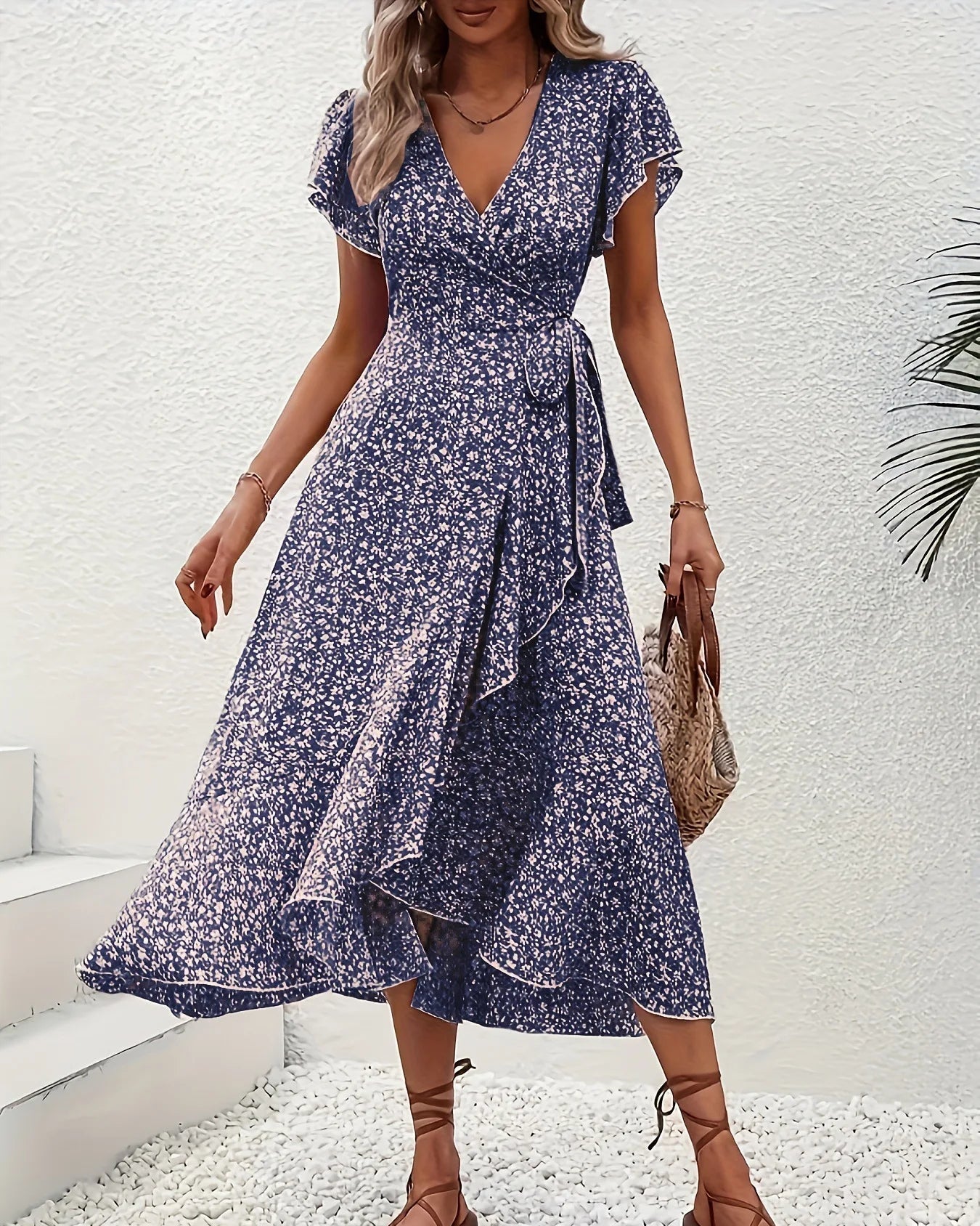 Floral Print V-Neck Lace-Up Flare Sleeve Midi Dress