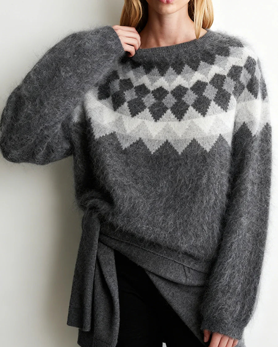 Wool striped geometric jacquard round neck knit pullover. Soft, warm, and slight stretch — a chic casual autumn winter knitwear top for women.