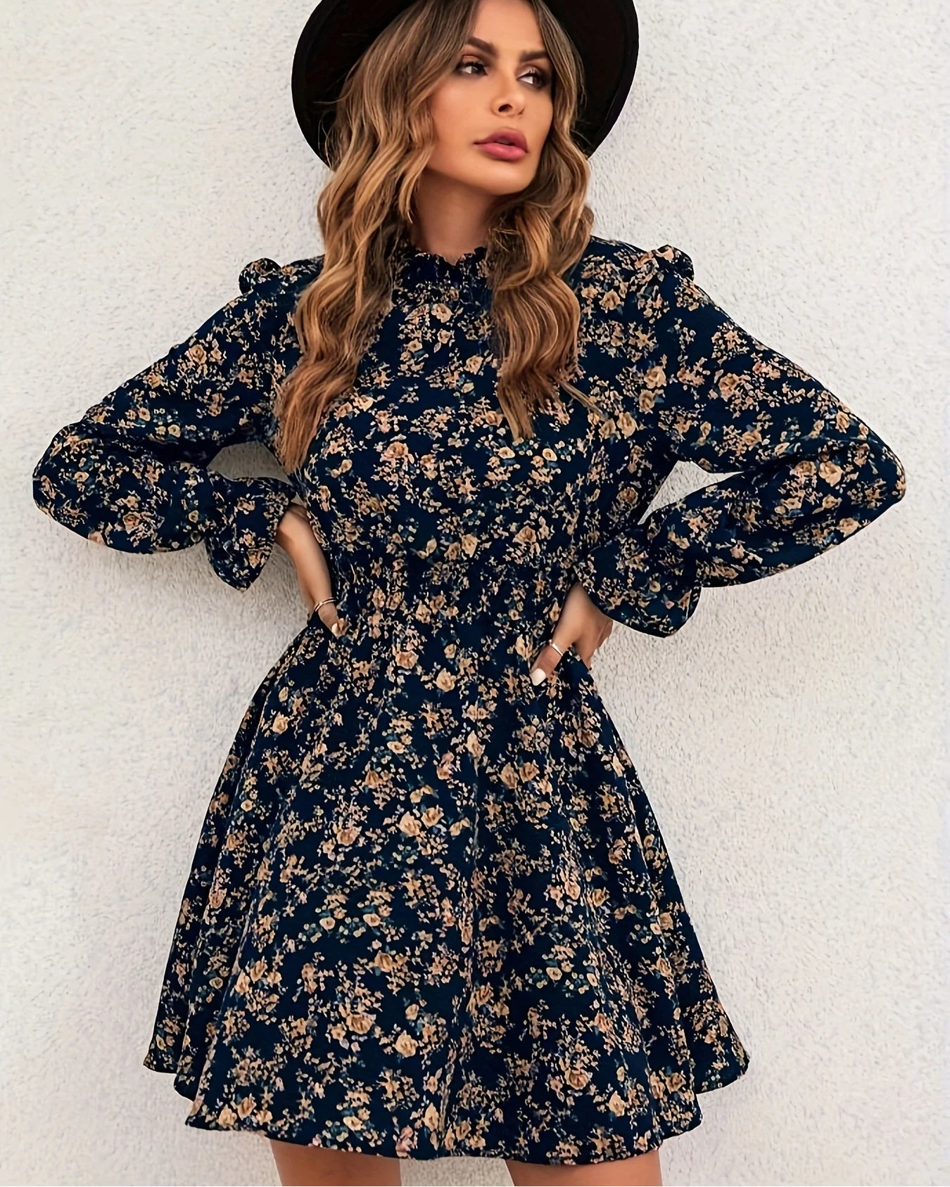 Turtleneck Long Sleeve Floral Print A-Line Dress